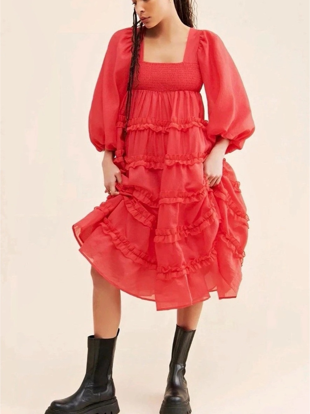 DREAM Sister Jane Tiered Puff Sleeve Mini Dress in Red Size Small Like New